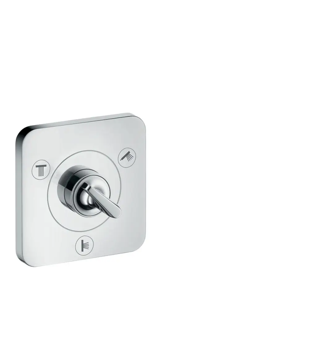 Edelstahl Optik Unterputzventil von AXOR mit einem Drehknopf und Symbolen für unterschiedliche Einstellungen. Minimalistisches Design, geeignet für moderne Badezimmer.